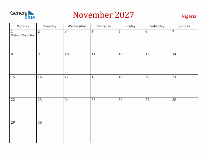 Nigeria November 2027 Calendar - Monday Start