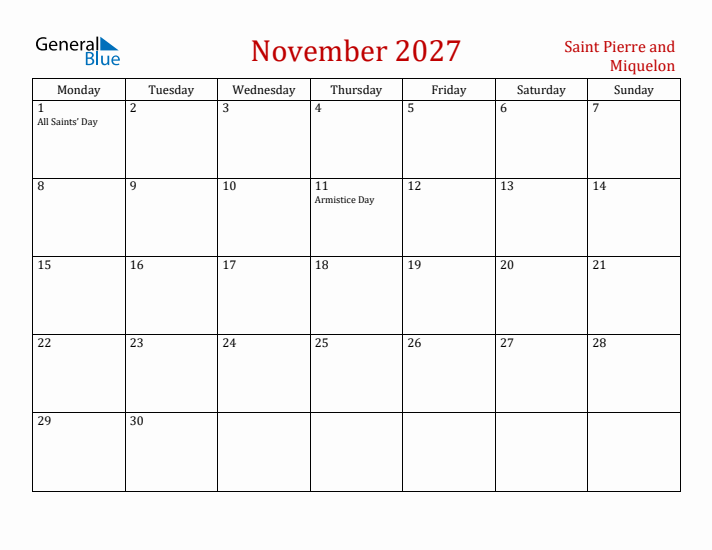 Saint Pierre and Miquelon November 2027 Calendar - Monday Start