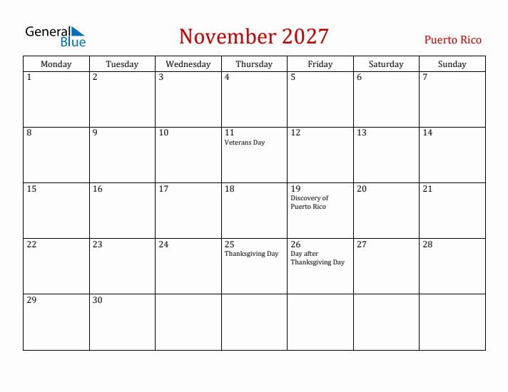 Puerto Rico November 2027 Calendar - Monday Start