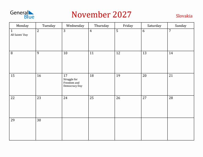 Slovakia November 2027 Calendar - Monday Start