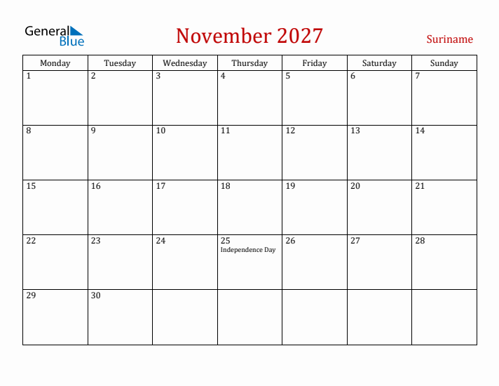 Suriname November 2027 Calendar - Monday Start