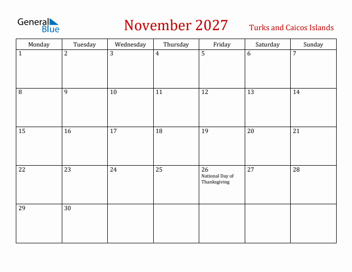 Turks and Caicos Islands November 2027 Calendar - Monday Start