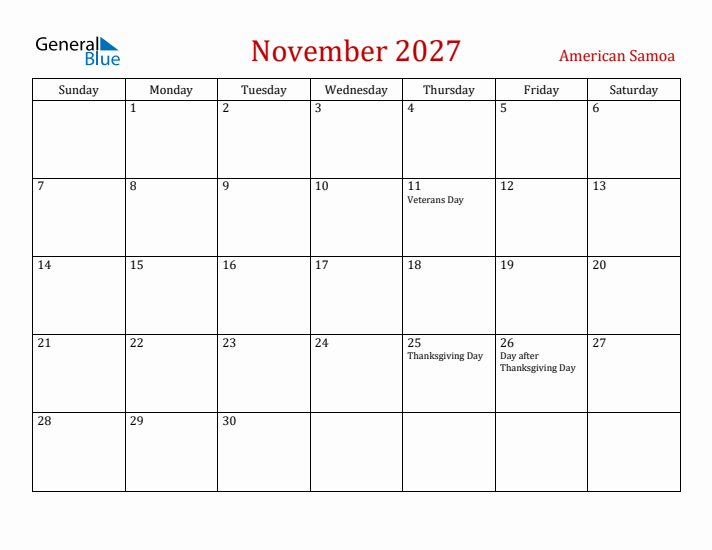American Samoa November 2027 Calendar - Sunday Start