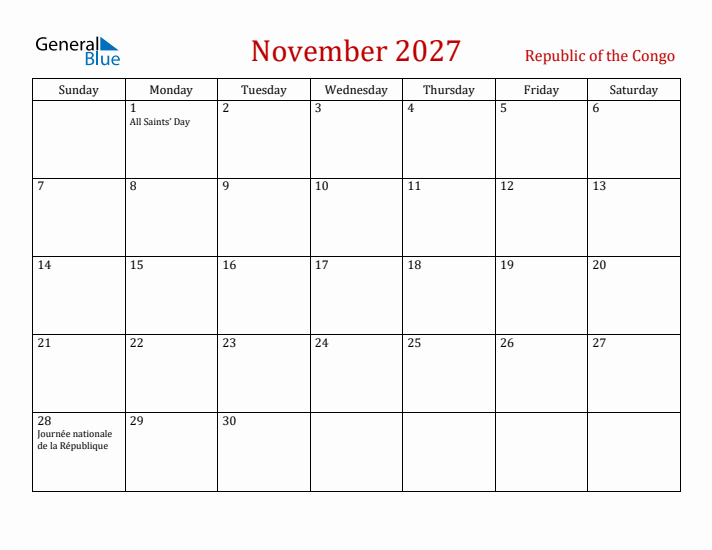 Republic of the Congo November 2027 Calendar - Sunday Start