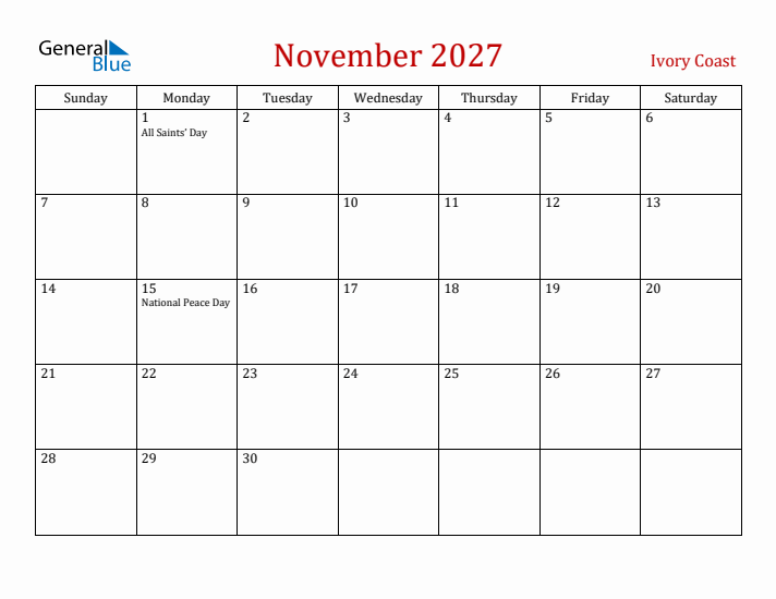 Ivory Coast November 2027 Calendar - Sunday Start