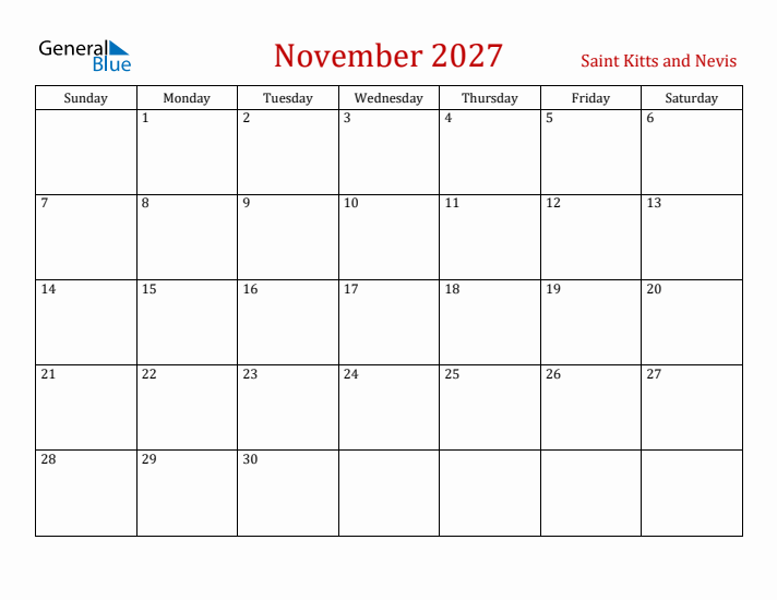 Saint Kitts and Nevis November 2027 Calendar - Sunday Start