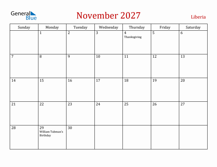 Liberia November 2027 Calendar - Sunday Start