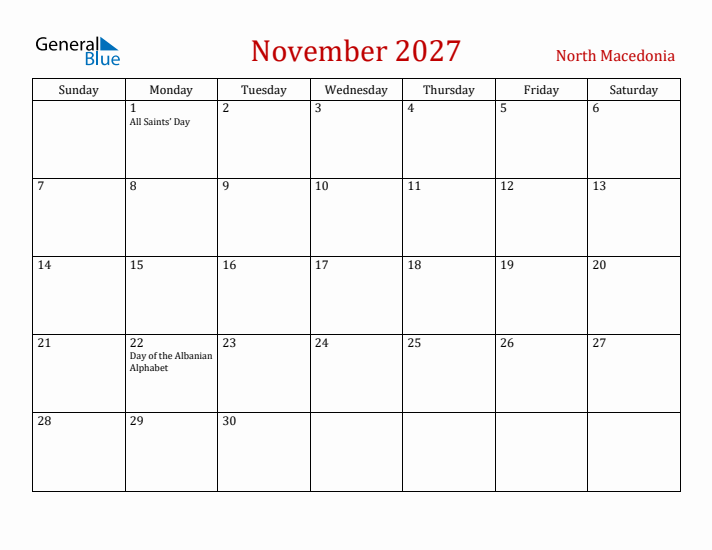 North Macedonia November 2027 Calendar - Sunday Start