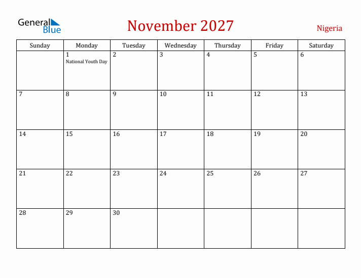 Nigeria November 2027 Calendar - Sunday Start