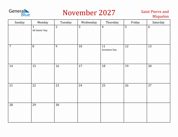 Saint Pierre and Miquelon November 2027 Calendar - Sunday Start