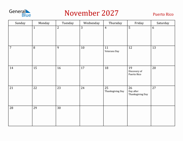 Puerto Rico November 2027 Calendar - Sunday Start