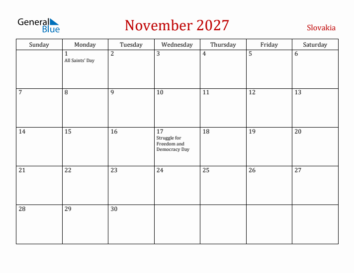 Slovakia November 2027 Calendar - Sunday Start