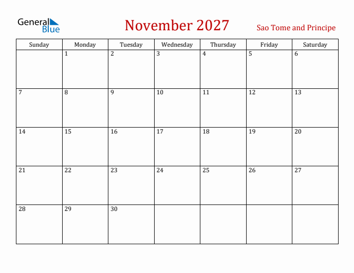 Sao Tome and Principe November 2027 Calendar - Sunday Start