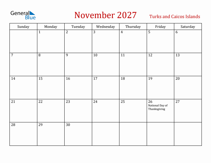 Turks and Caicos Islands November 2027 Calendar - Sunday Start