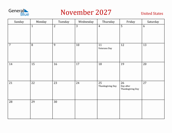 November 2027 Monthly Calendars With United States Holidays November 2027 Monthly Calendars With United States Holidays