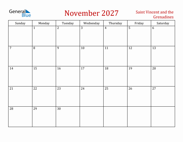 Saint Vincent and the Grenadines November 2027 Calendar - Sunday Start