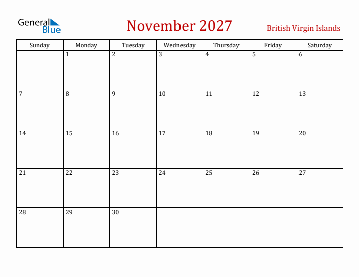 British Virgin Islands November 2027 Calendar - Sunday Start