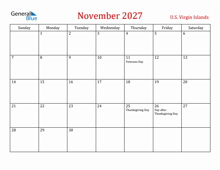 U.S. Virgin Islands November 2027 Calendar - Sunday Start