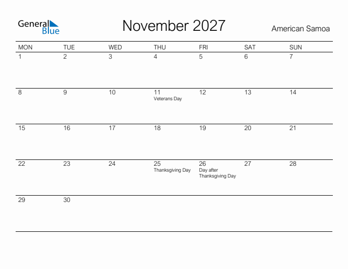 Printable November 2027 Calendar for American Samoa