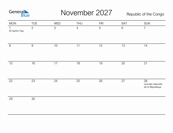 Printable November 2027 Calendar for Republic of the Congo