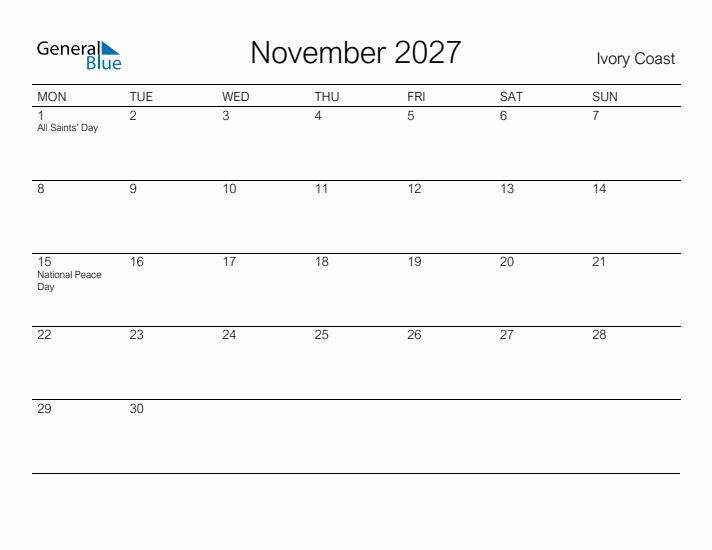 Printable November 2027 Calendar for Ivory Coast