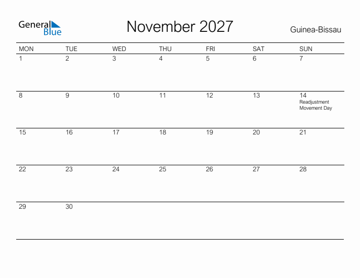 Printable November 2027 Calendar for Guinea-Bissau