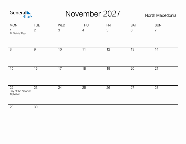 Printable November 2027 Calendar for North Macedonia