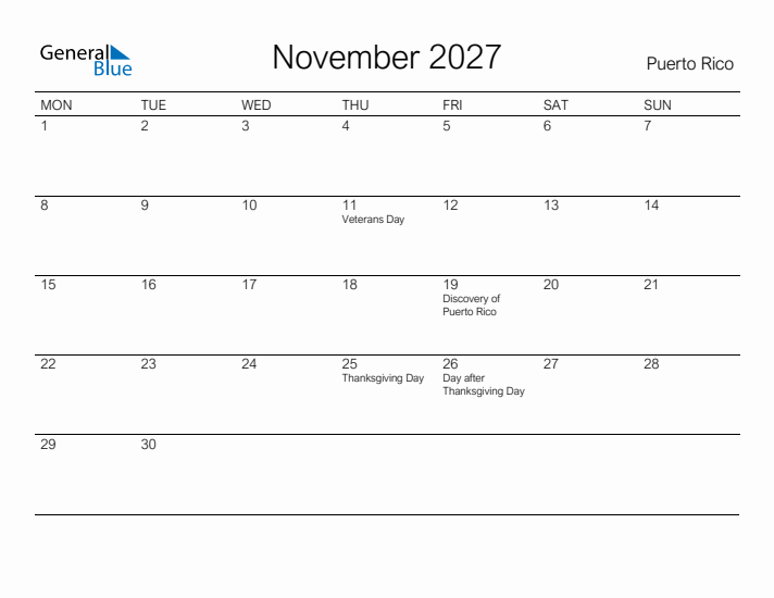 Printable November 2027 Calendar for Puerto Rico