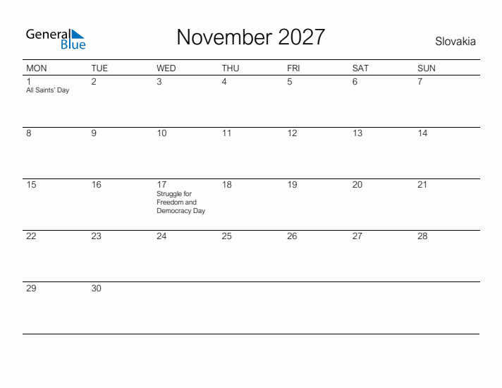 Printable November 2027 Calendar for Slovakia