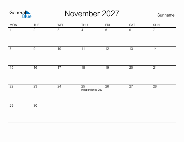 Printable November 2027 Calendar for Suriname