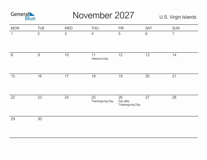 Printable November 2027 Calendar for U.S. Virgin Islands