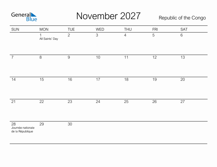Printable November 2027 Calendar for Republic of the Congo
