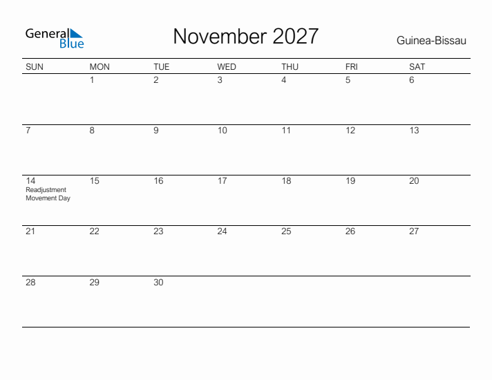 Printable November 2027 Calendar for Guinea-Bissau