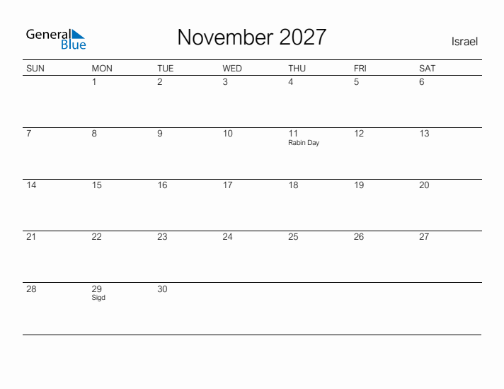 Printable November 2027 Calendar for Israel