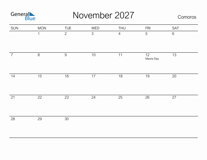 Printable November 2027 Calendar for Comoros