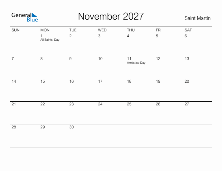 Printable November 2027 Calendar for Saint Martin