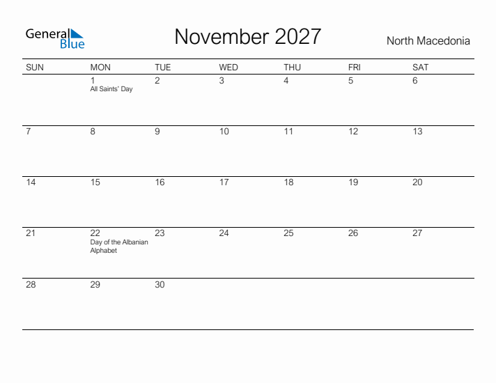 Printable November 2027 Calendar for North Macedonia