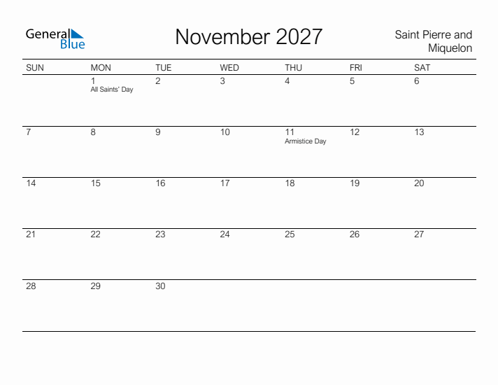 Printable November 2027 Calendar for Saint Pierre and Miquelon