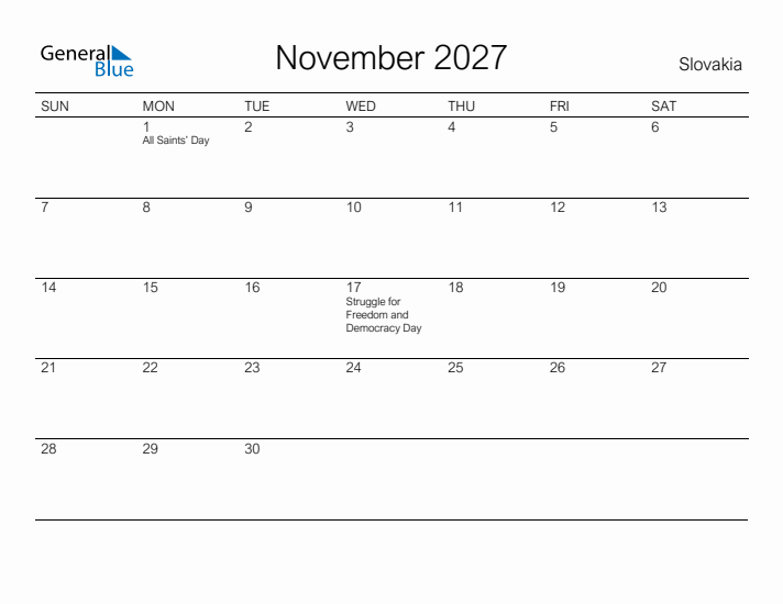 Printable November 2027 Calendar for Slovakia