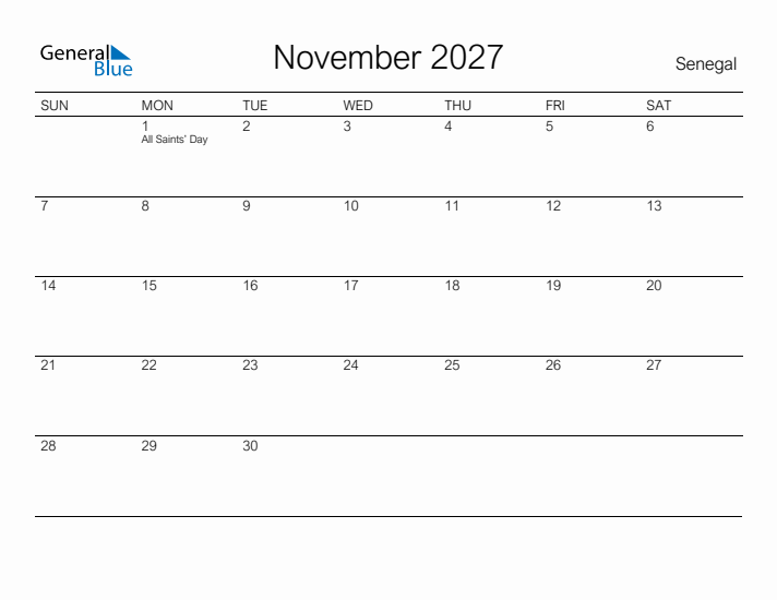 Printable November 2027 Calendar for Senegal