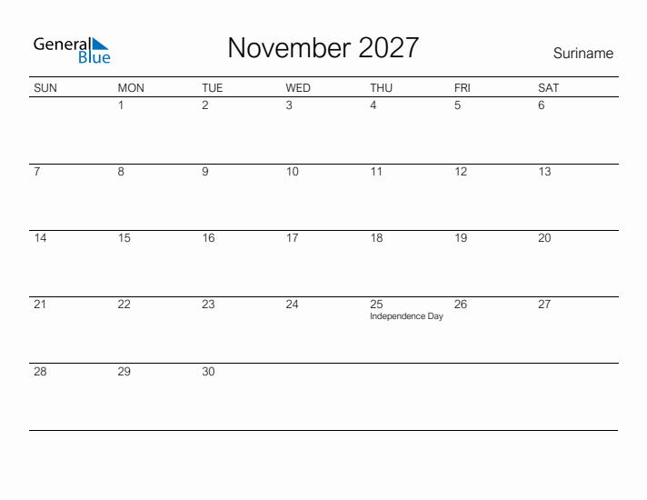 Printable November 2027 Calendar for Suriname