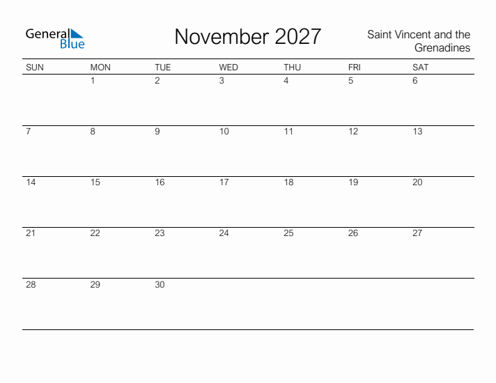 Printable November 2027 Calendar for Saint Vincent and the Grenadines