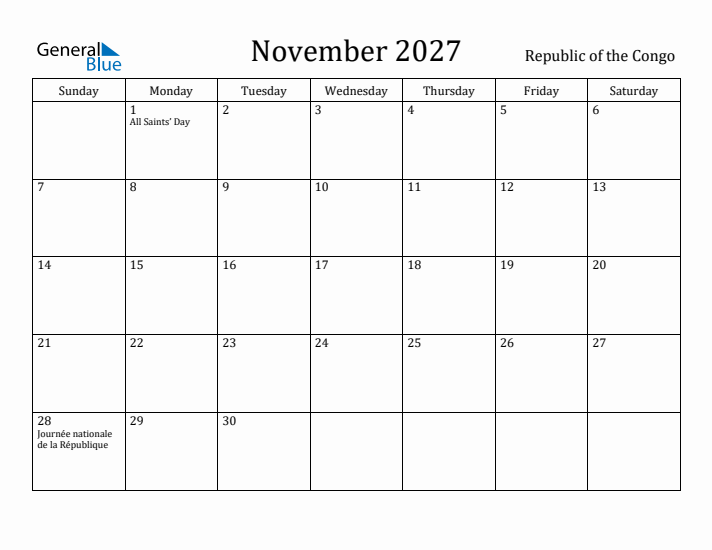November 2027 Calendar Republic of the Congo