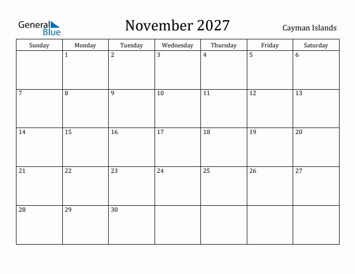 November 2027 Calendar Cayman Islands