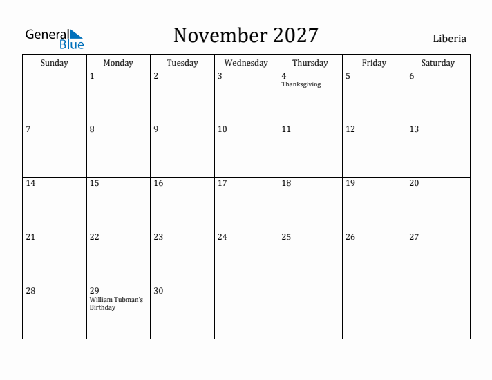 November 2027 Calendar Liberia