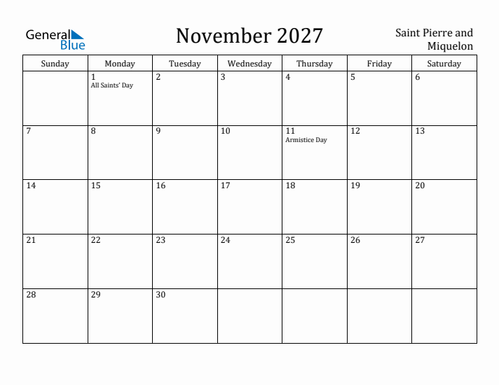 November 2027 Calendar Saint Pierre and Miquelon