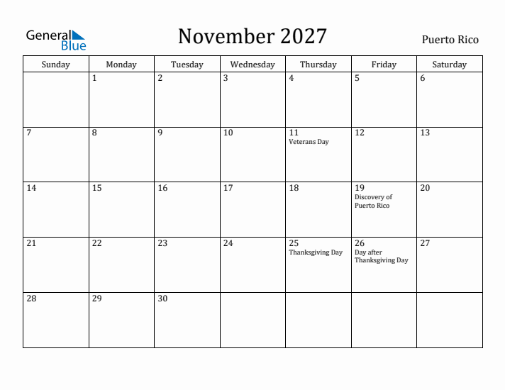 November 2027 Calendar Puerto Rico