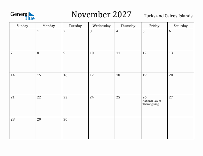 November 2027 Calendar Turks and Caicos Islands