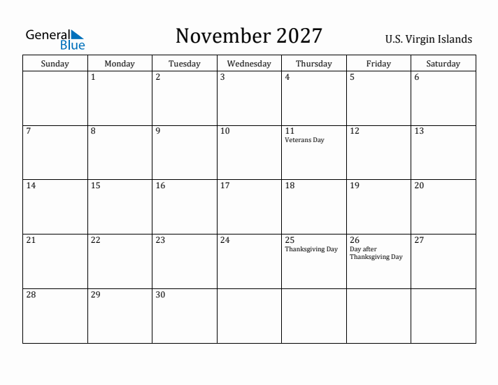 November 2027 Calendar U.S. Virgin Islands