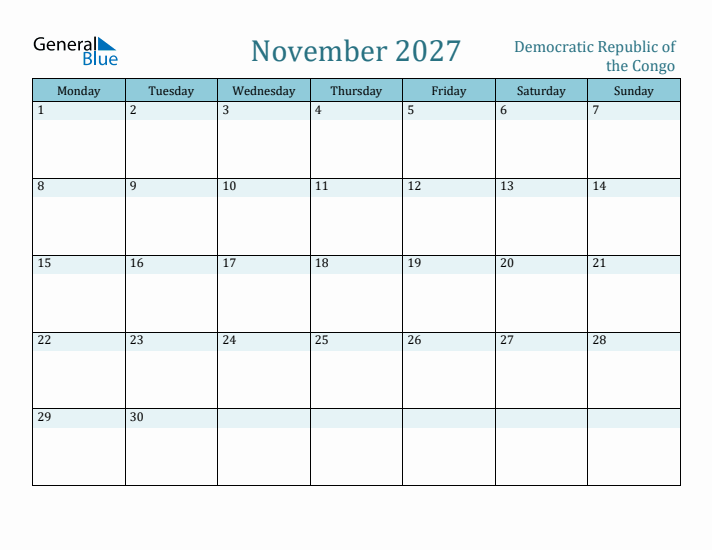 November 2027 Calendar with Holidays